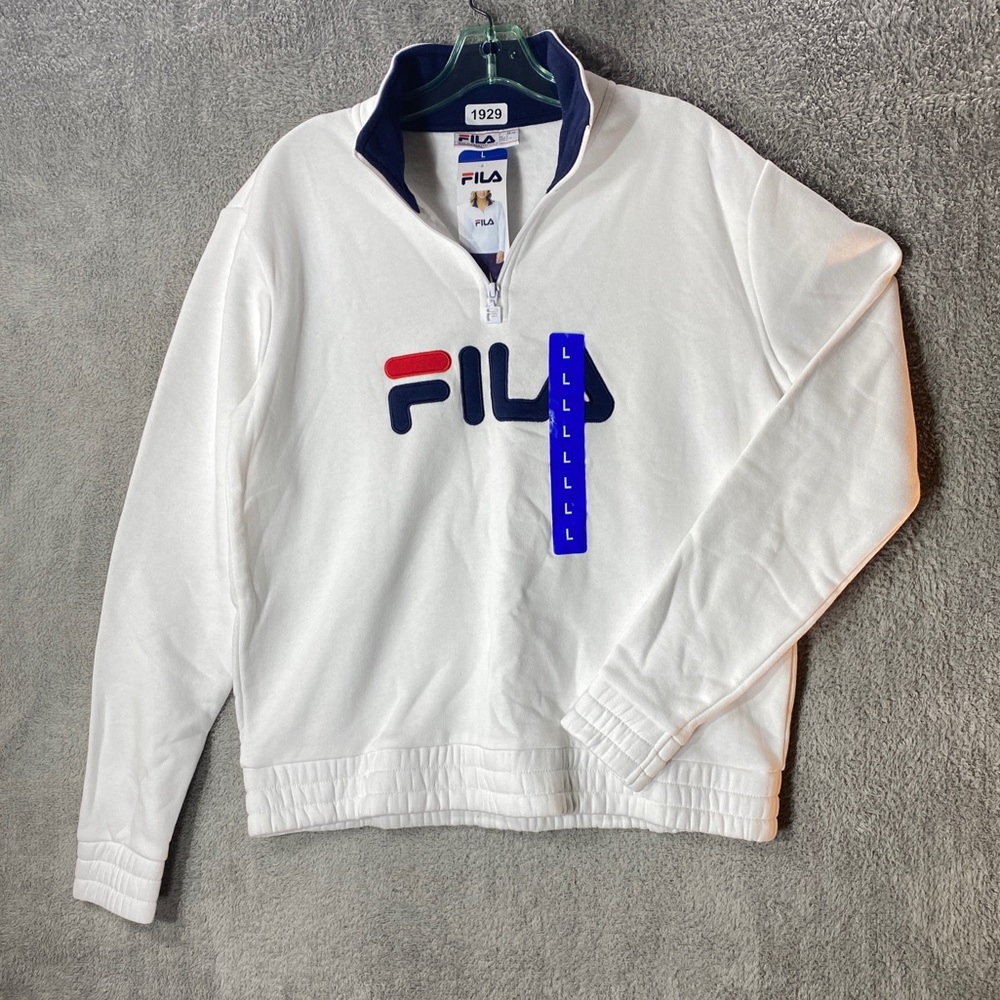 FILA Sweatshirt Womens Large White Navy 1/4 Zip Fleece Mock Neck Pullover L